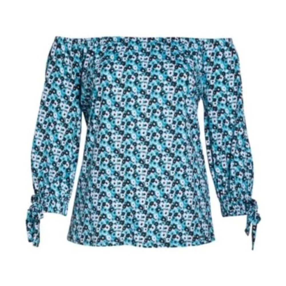 Michael Kors Womens Blue White Floral Off the Shoulder Top Plus Sz 0X New